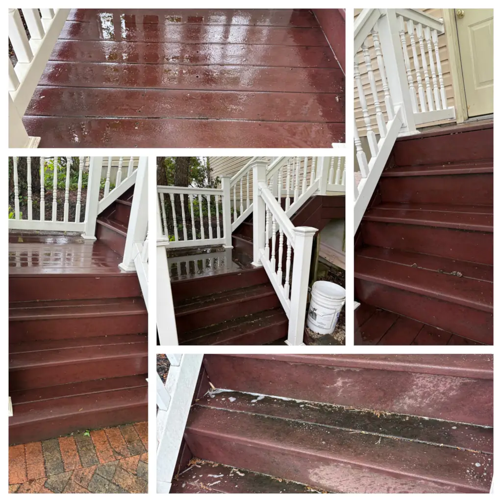 Cleaned red stained wood deck stairs after power washing and exterior property cleaning in South Jersey.