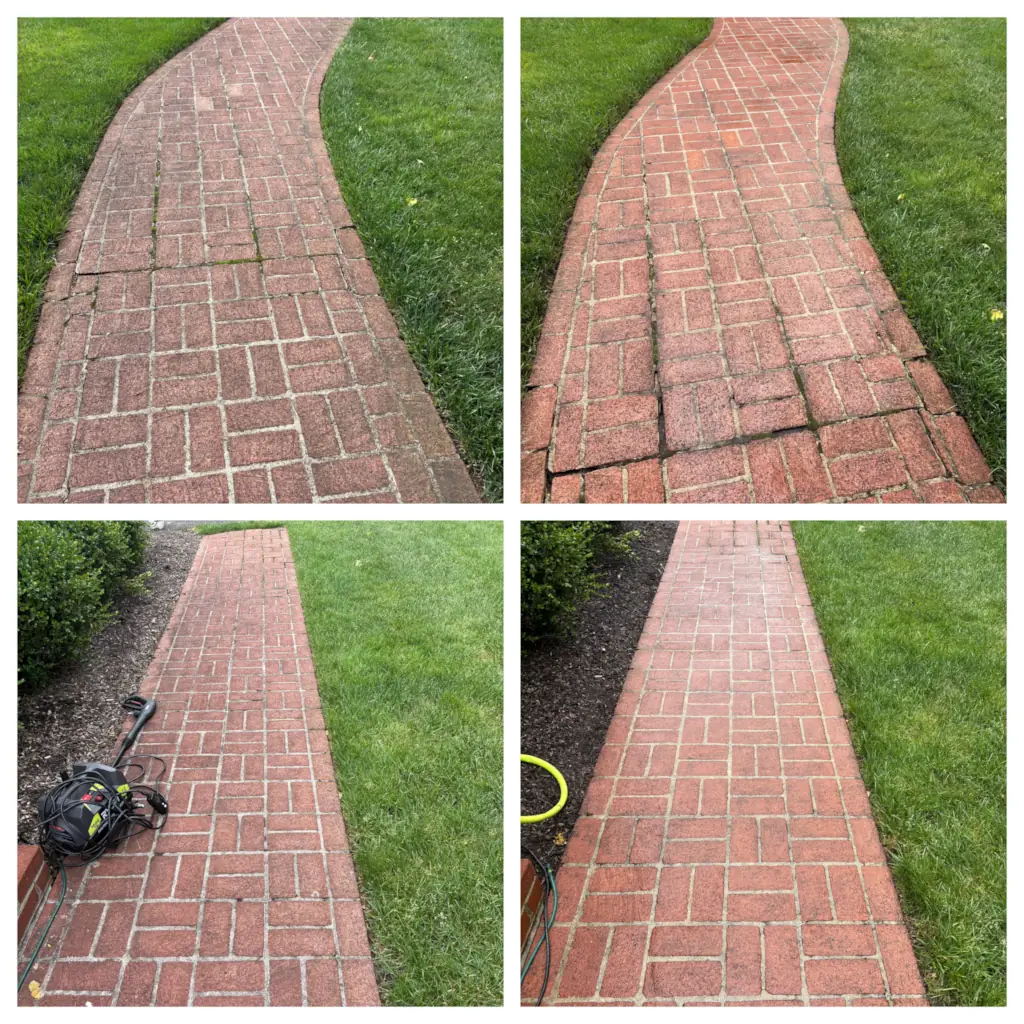 Before-and-after split of a South Jersey brick sidewalk after professional pressure washing services.