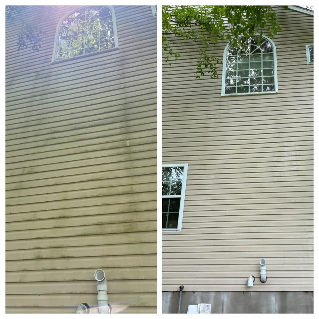 Before-and-after split of vinyl siding pressure washing in South Jersey for exterior property cleaning.