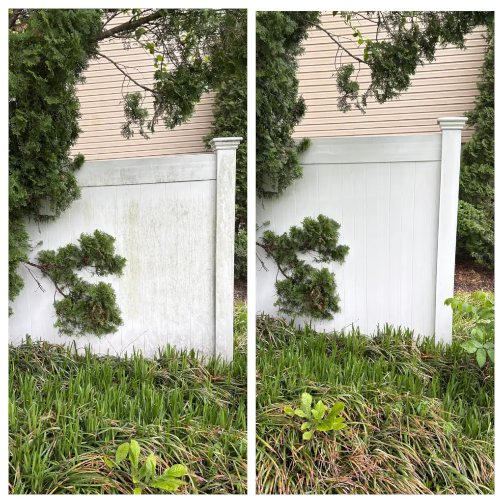 Before-and-after split showing pressure washing results for a dirty white vinyl fence in South Jersey.