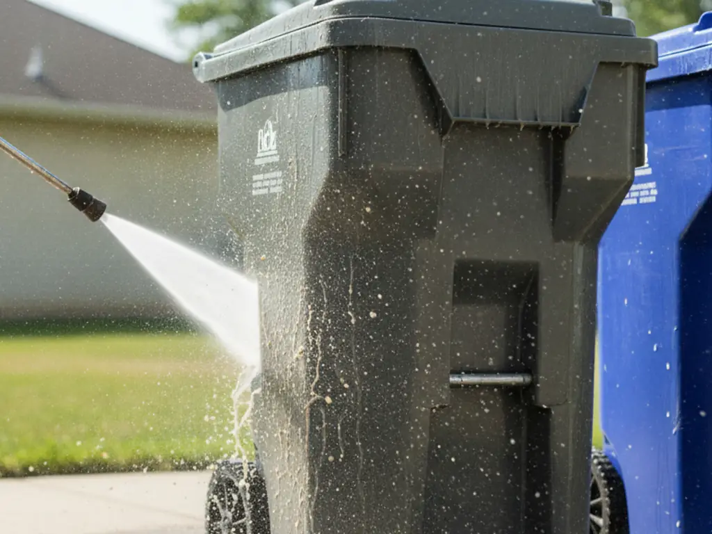 Pressure washing a black plastic trash bin on a concrete driveway as part of exterior property cleaning.