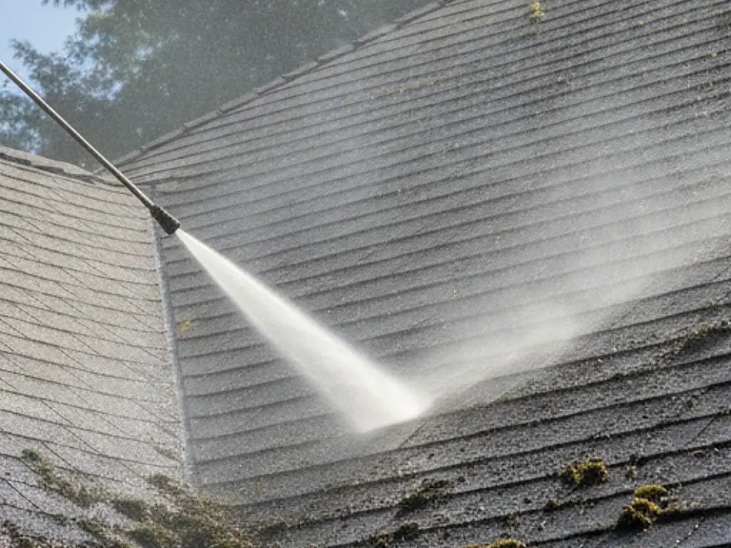 Pressure washing moss and algae off an angled shingle roof on an Avalon, NJ beach house — soft-wash cleaning safe for asphalt and architectural shingles.
