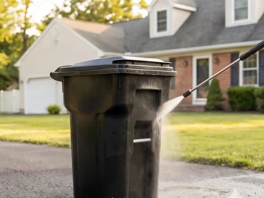 Black curbside trash and recycling bins pressure washing on a Mount Laurel, NJ driveway — sanitizing residential bins to eliminate bacteria, odors, and built-up residue.