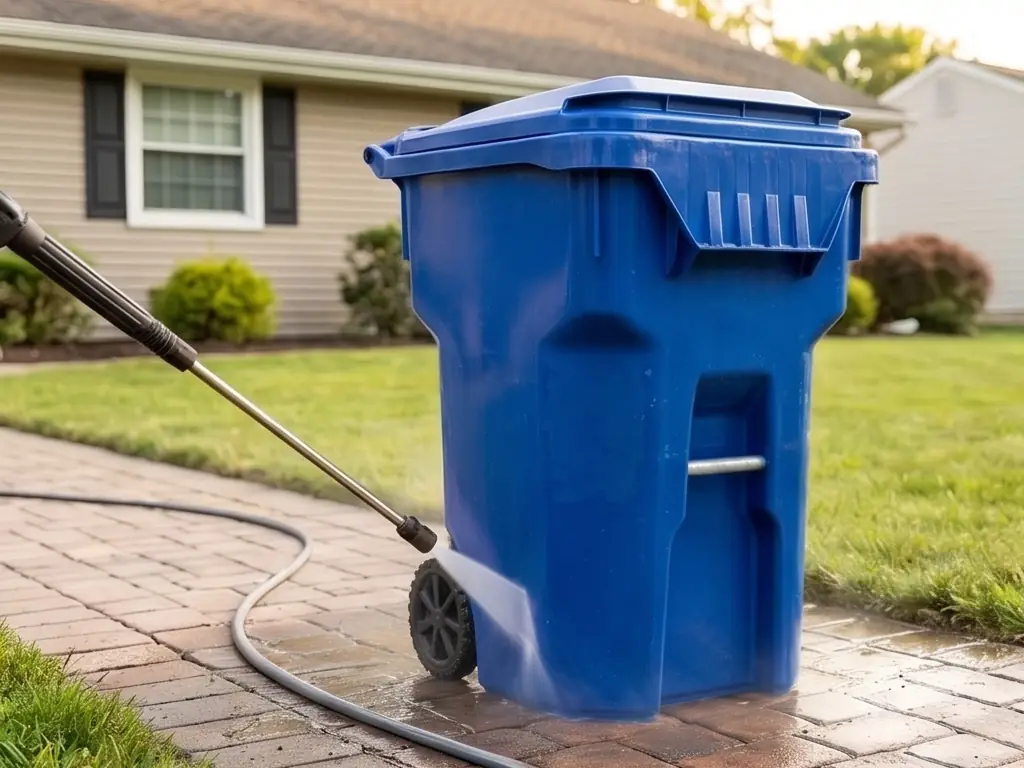 Blue curbside recycling bin pressure washing on a Stone Harbor, NJ shore property — sanitizing and deodorizing residential bins used at beach community homes.