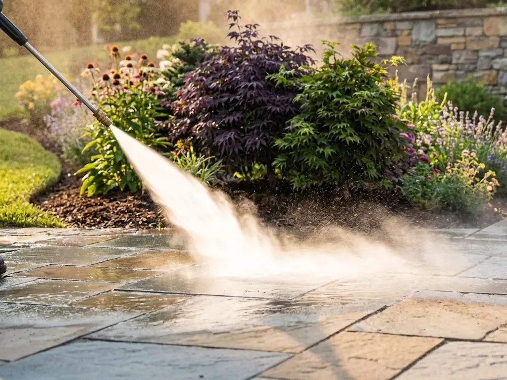 Garden hardscape cleaning with stone wall in Cherry Hill, NJ — pressure washing landscaping features, retaining walls, and garden stone surfaces.