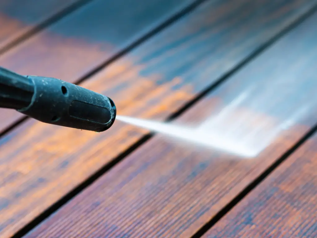 Close-up of hardwood deck pressure washing in Cherry Hill, NJ — professional exterior cleaning by Elite Pressure Washing.