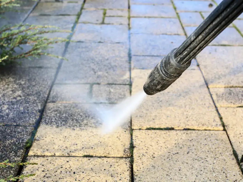Stone walkway pressure washing in Cherry Hill, NJ — cleaning moss, algae, and embedded dirt from paver and natural stone paths.