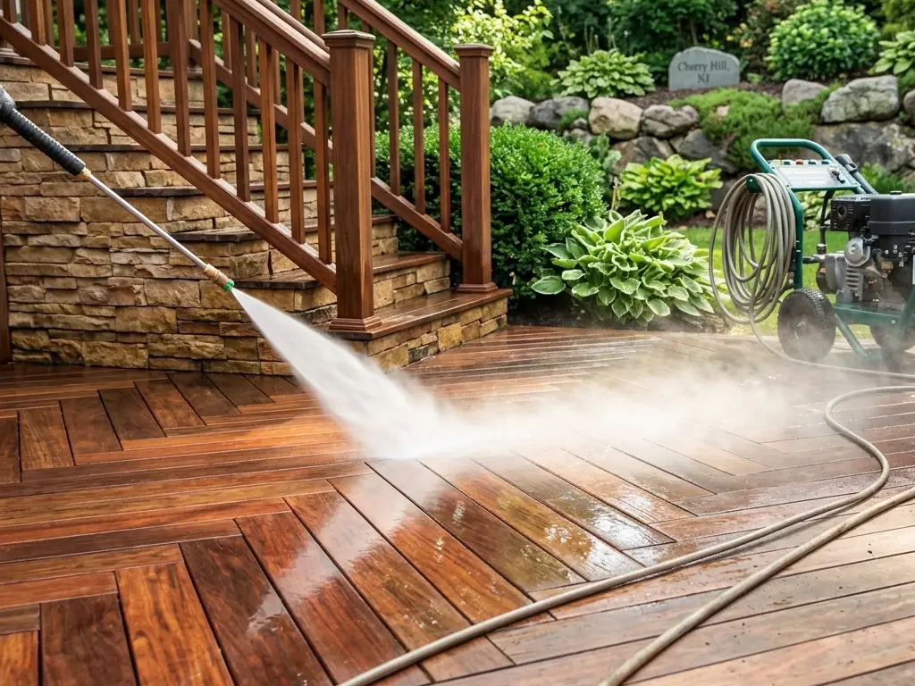 Wood deck pressure washing service in Cherry Hill, NJ — removing mold, mildew, and ground-in grime to restore and prep the surface for staining or sealing.