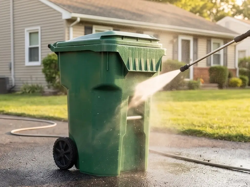 Green curbside trash bin being pressure washed at an Avalon, NJ property — sanitizing outdoor bins to eliminate bacteria and odors that intensify in summer heat.