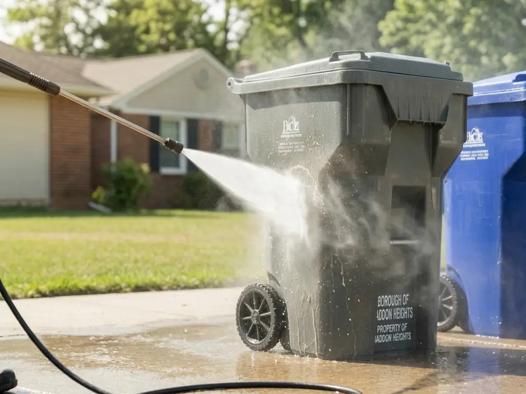 Curbside trash and recycling bin cleaning service in Haddon Heights, NJ — sanitizing bins with high-pressure water to eliminate odors and bacteria.