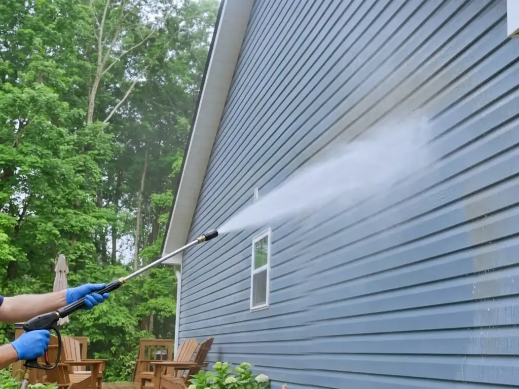 Power washing the exterior siding of a blue house in Haddon Heights, NJ — restoring curb appeal with a professional soft wash house cleaning.
