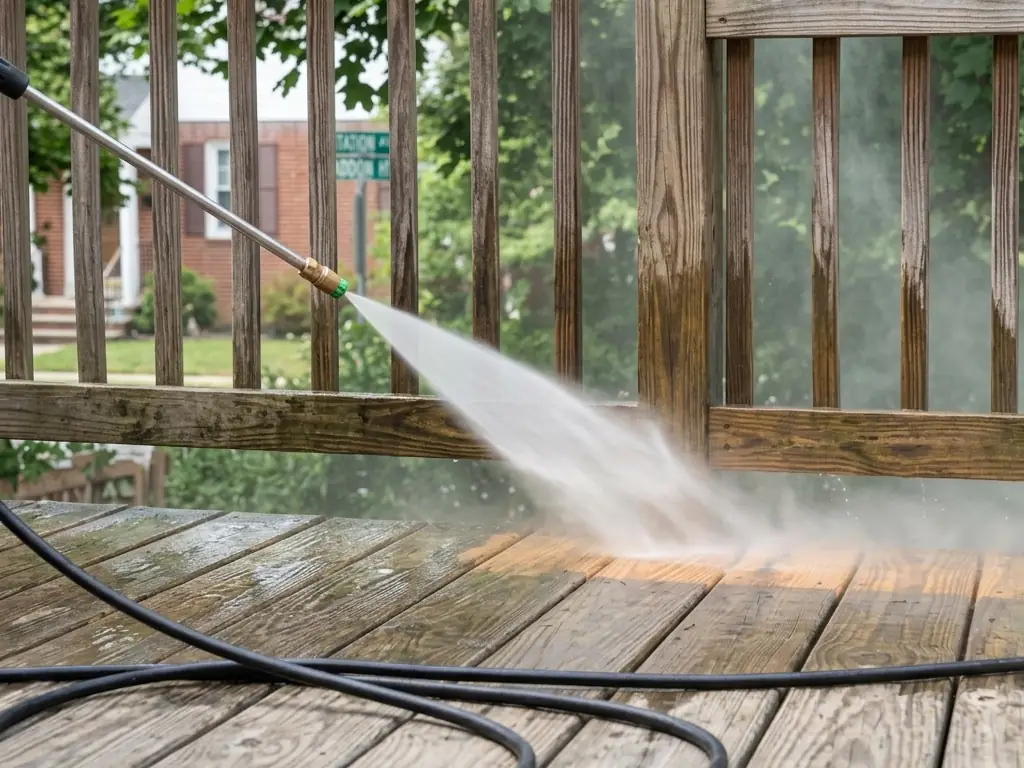Power washing a dirty wood deck in Haddon Heights, NJ — lifting mold, mildew, and ground-in grime to restore the surface before staining or sealing.