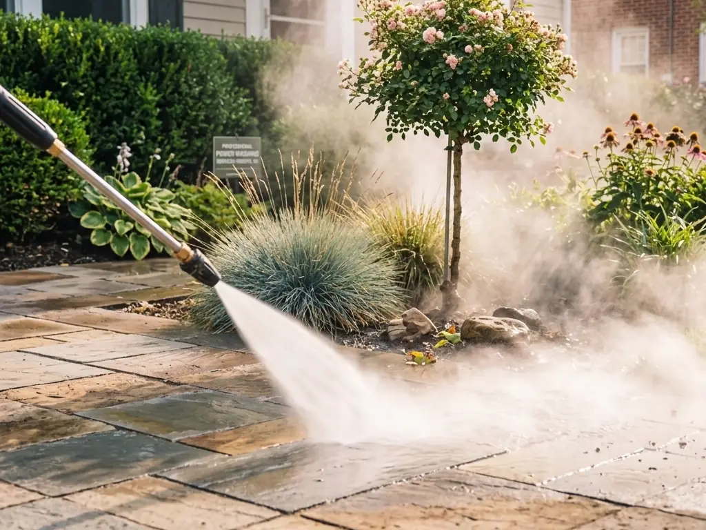 Professional patio and walkway cleaning in Haddon Heights, NJ — removing moss, algae, and embedded dirt from stone and concrete surfaces.