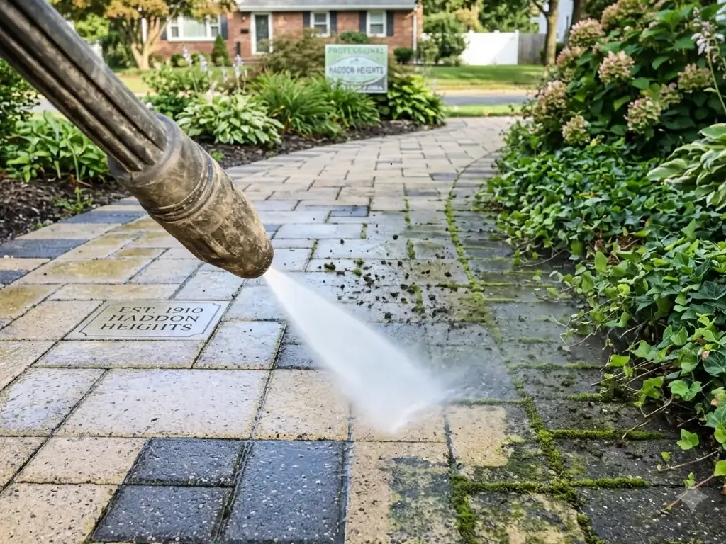 Professional power washing service in Haddon Heights, NJ — high-pressure cleaning of driveways, removing oil stains, tire marks, and weathered grime.
