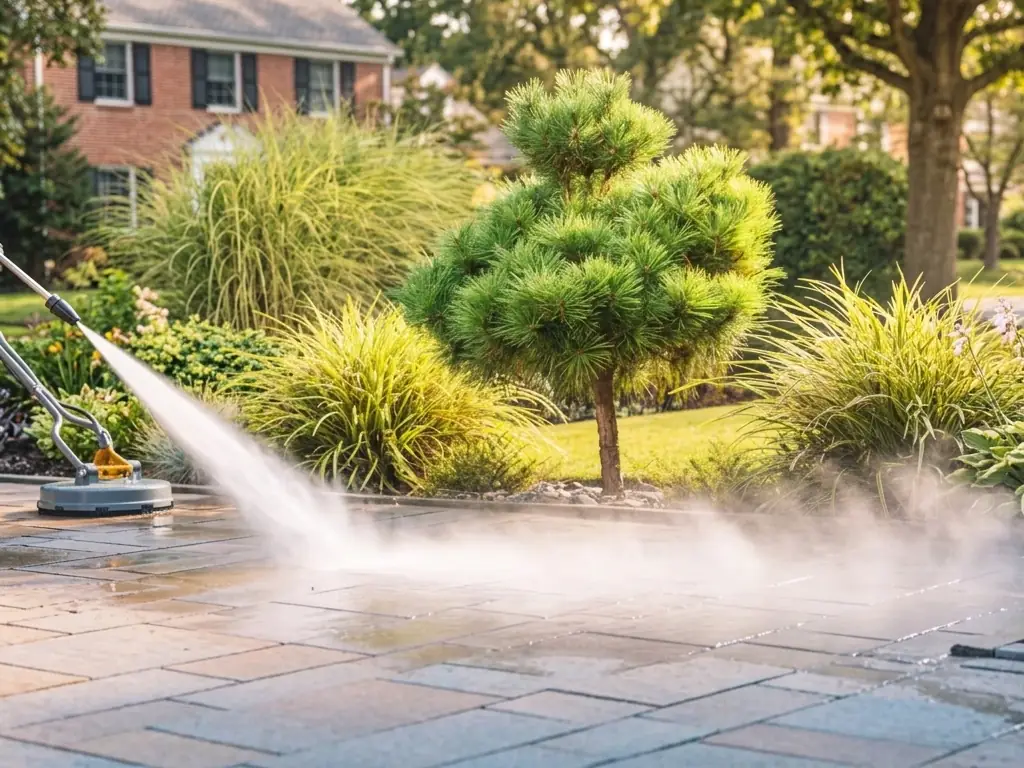 Driveway pressure washing in Haddonfield, NJ — removing oil stains, tire marks, and weathered grime from concrete and paver surfaces.