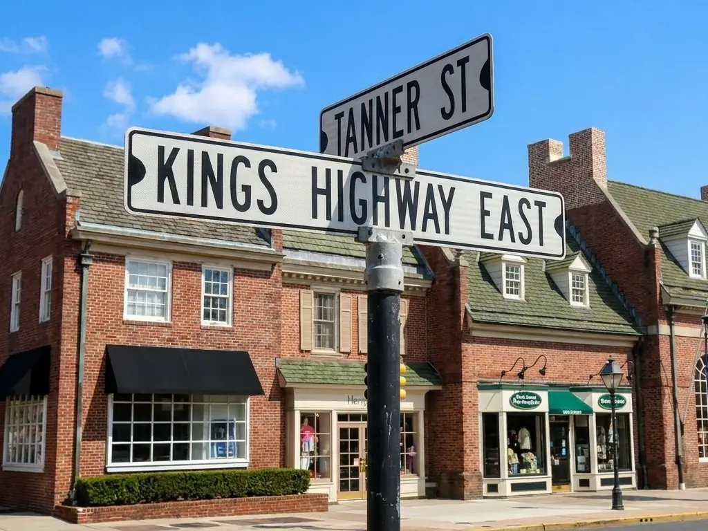 The corner of Tanner Street and Kings Highway East in historic Haddonfield, NJ — a tree-lined borough in Camden County.