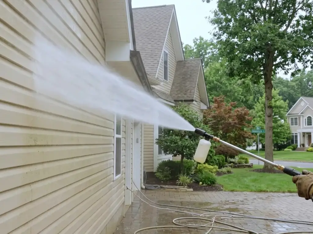 Professional soft wash house siding cleaning on a Haddonfield, NJ home — removing algae and grime from vinyl and painted surfaces.