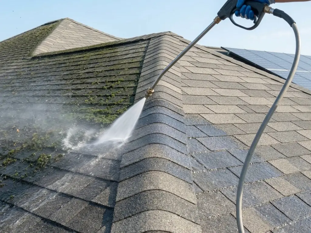 Soft wash roof cleaning on asphalt shingles in Haddonfield, NJ — safely removing dark streaks, moss, and algae growth.