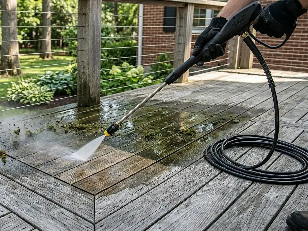 Pressure washing a hardwood deck in Haddonfield, NJ — lifting mold, mildew, and built-up grime from wood surfaces.