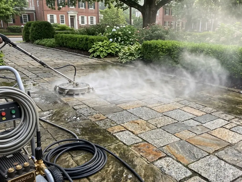 Professional power washing of stone paver walkways in Haddonfield, NJ — removing moss, algae, and embedded dirt.