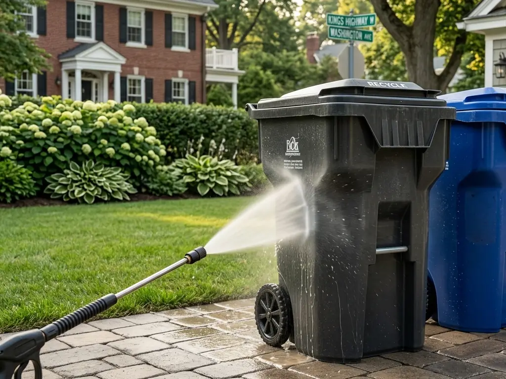 Trash can and recycling bin cleaning service for Haddonfield, NJ residents — sanitizing bins with high-pressure water to eliminate odors and bacteria.