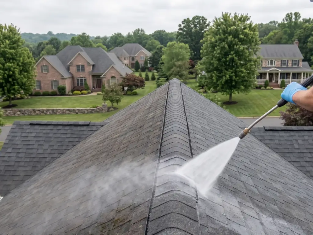 Before and after asphalt shingle roof cleaning in Mullica Hill, NJ — soft washing removes black algae streaks and moss to restore the roof's appearance and extend its life.