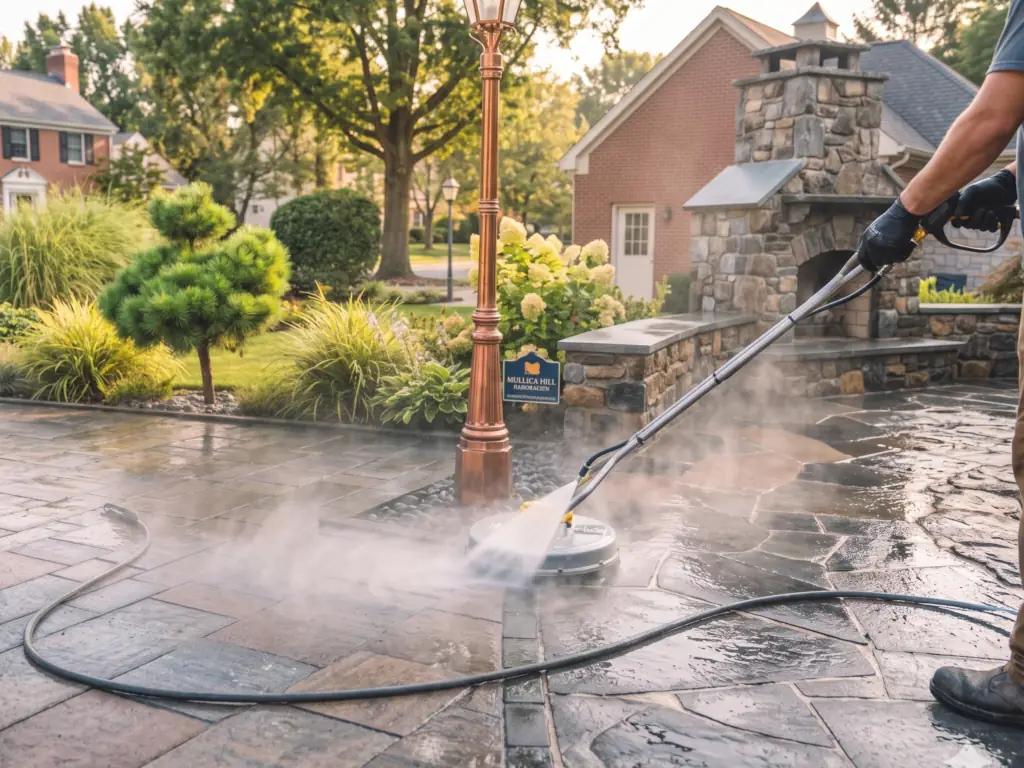 Professional hardscape power cleaning in Mullica Hill, NJ — high-pressure washing of driveways, retaining walls, and paved surfaces to remove stains and weathering.