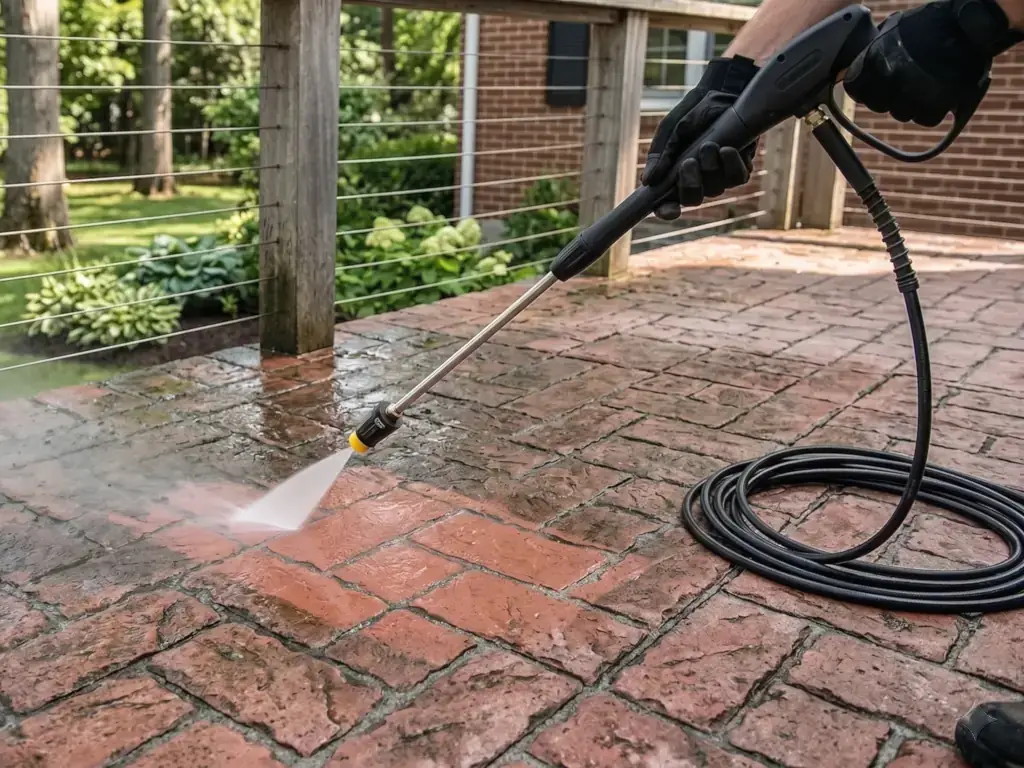 Power washing a brick patio in Mullica Hill, NJ — lifting moss, weeds, and embedded dirt from paver and clay brick surfaces to restore their original look.