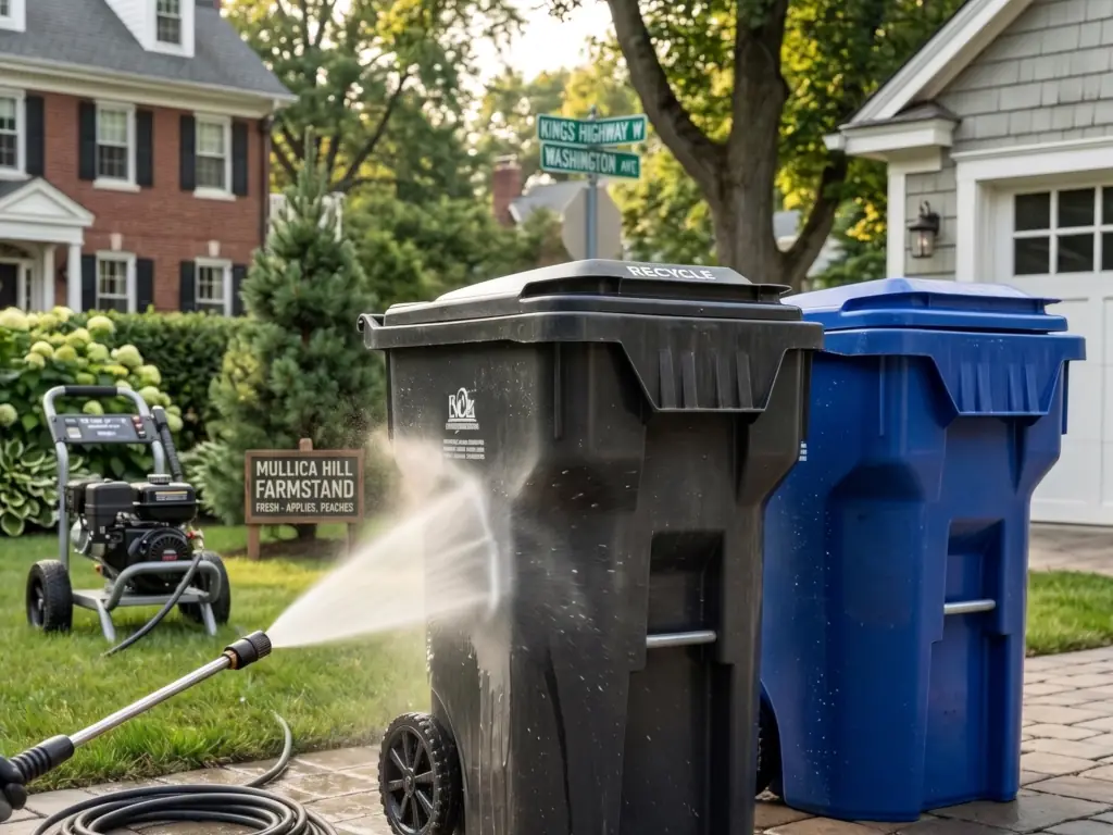 Pressure washing trash and recycling bin cleaning in Mullica Hill, NJ — sanitizing curbside bins to eliminate odors and bacteria buildup.