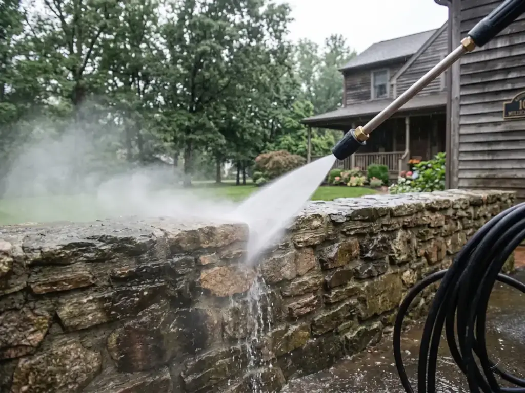 Pressure washer cleaning mold and mildew from a stone wall in Mullica Hill, NJ — restoring historic masonry and exterior stone surfaces safely.