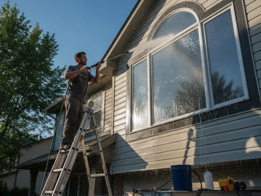 Pressure washing high exterior home windows on a Mount Laurel, NJ property — removing hard water staining, algae, and oxidation from second-story window frames and surrounding siding.