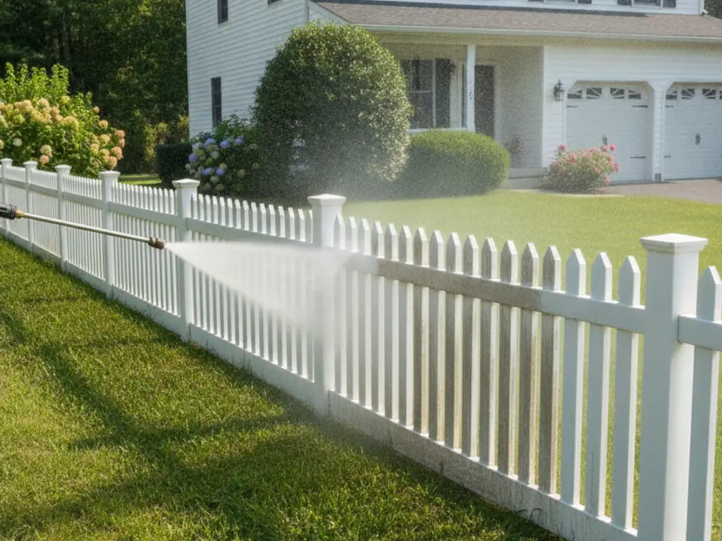 Pressure washing mold and algae from a white vinyl picket fence in Williamstown, NJ — restoring a bright, clean appearance to residential fence panels and posts.