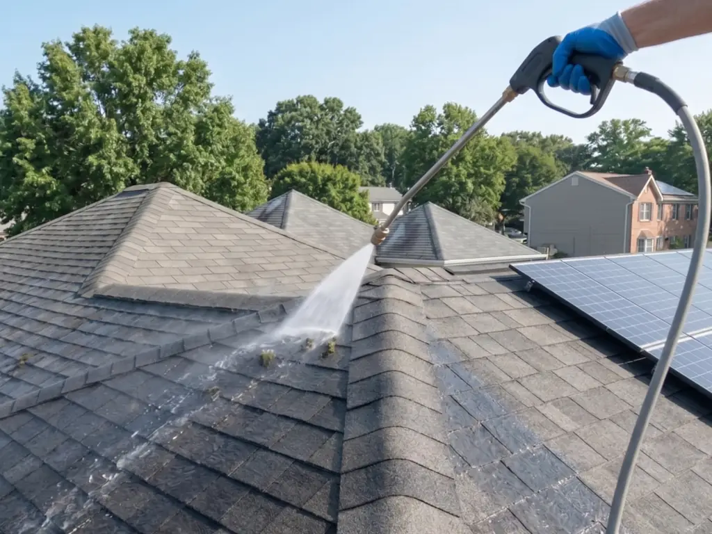Professional soft-wash roof cleaning on a Moorestown, NJ home — removing algae, moss, and lichen from asphalt shingles shaded by large mature trees on Burlington County properties.