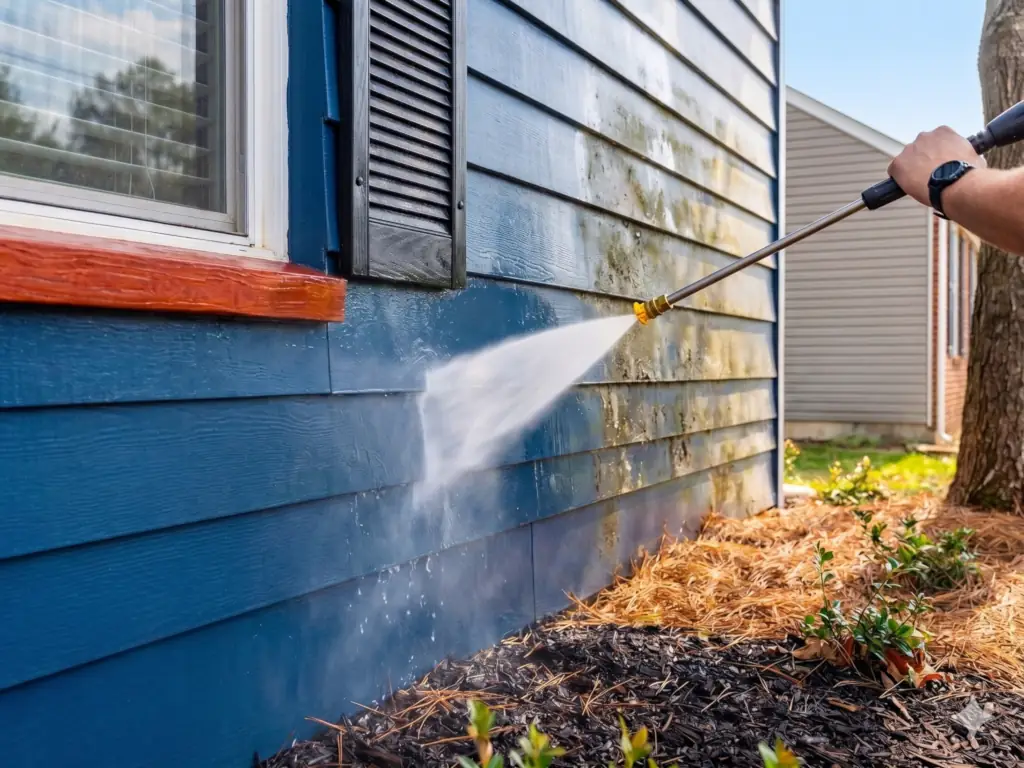 Power washing blue vinyl siding on a home in Swedesboro, NJ — removing algae, dirt, and weathering for a clean, like-new exterior finish.