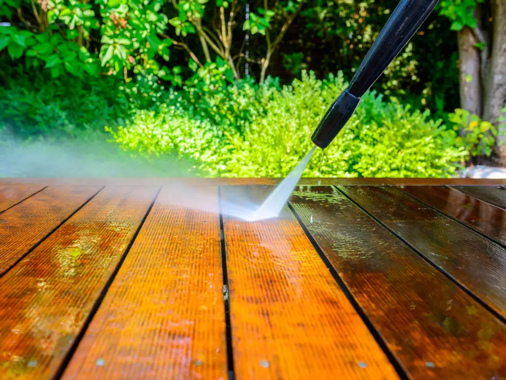 Wood walkway pressure washing in Swedesboro, NJ — removing mold, algae, and weathering from wooden paths and boardwalk-style walkways.